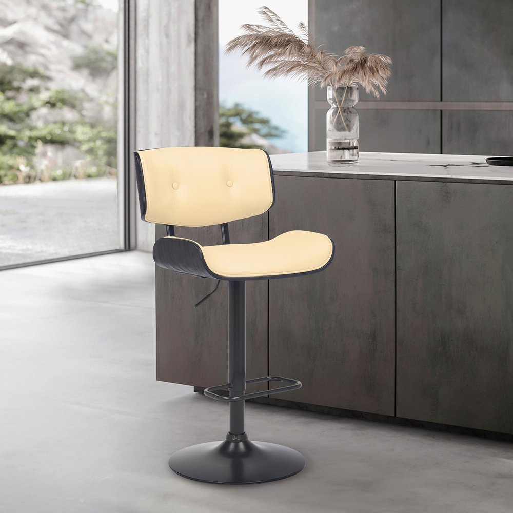 Cream And Black Fabric And Iron Adjustable Height Swivel Bar Chair HomeRoots