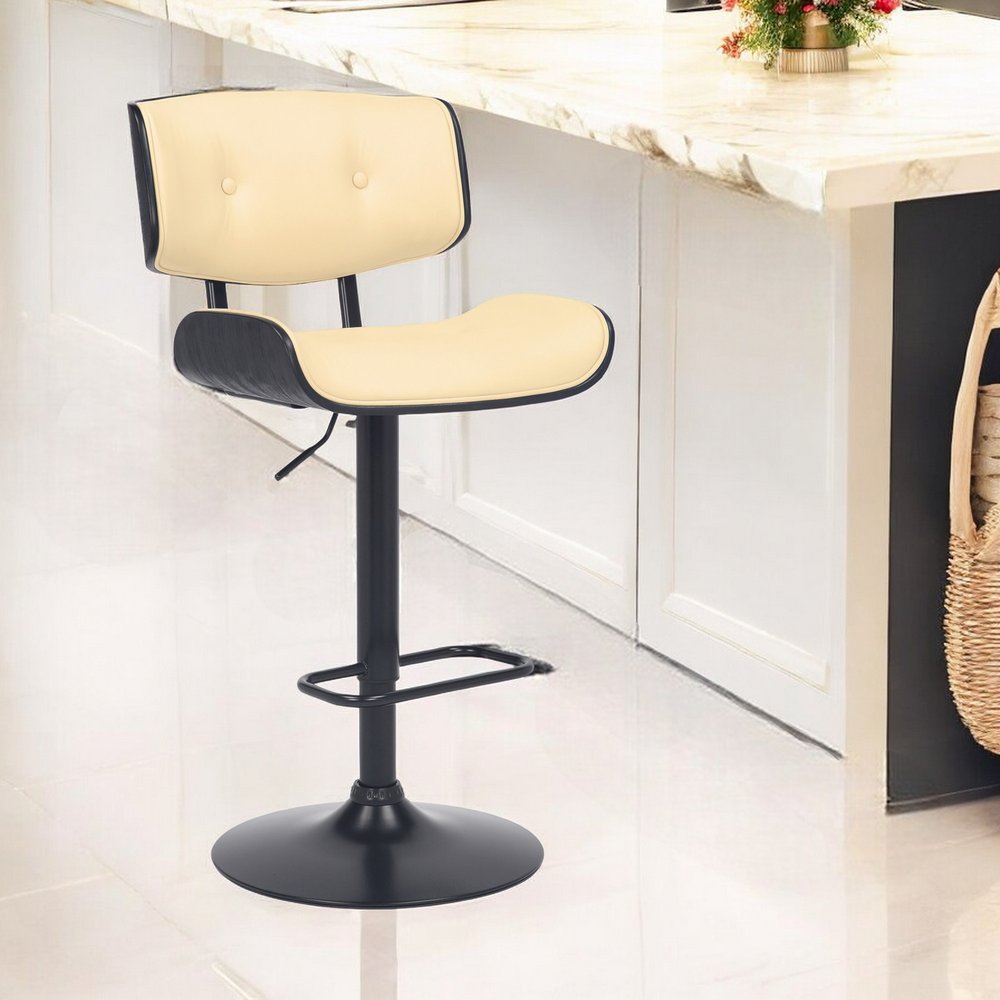 Cream And Black Fabric And Iron Adjustable Height Swivel Bar Chair HomeRoots