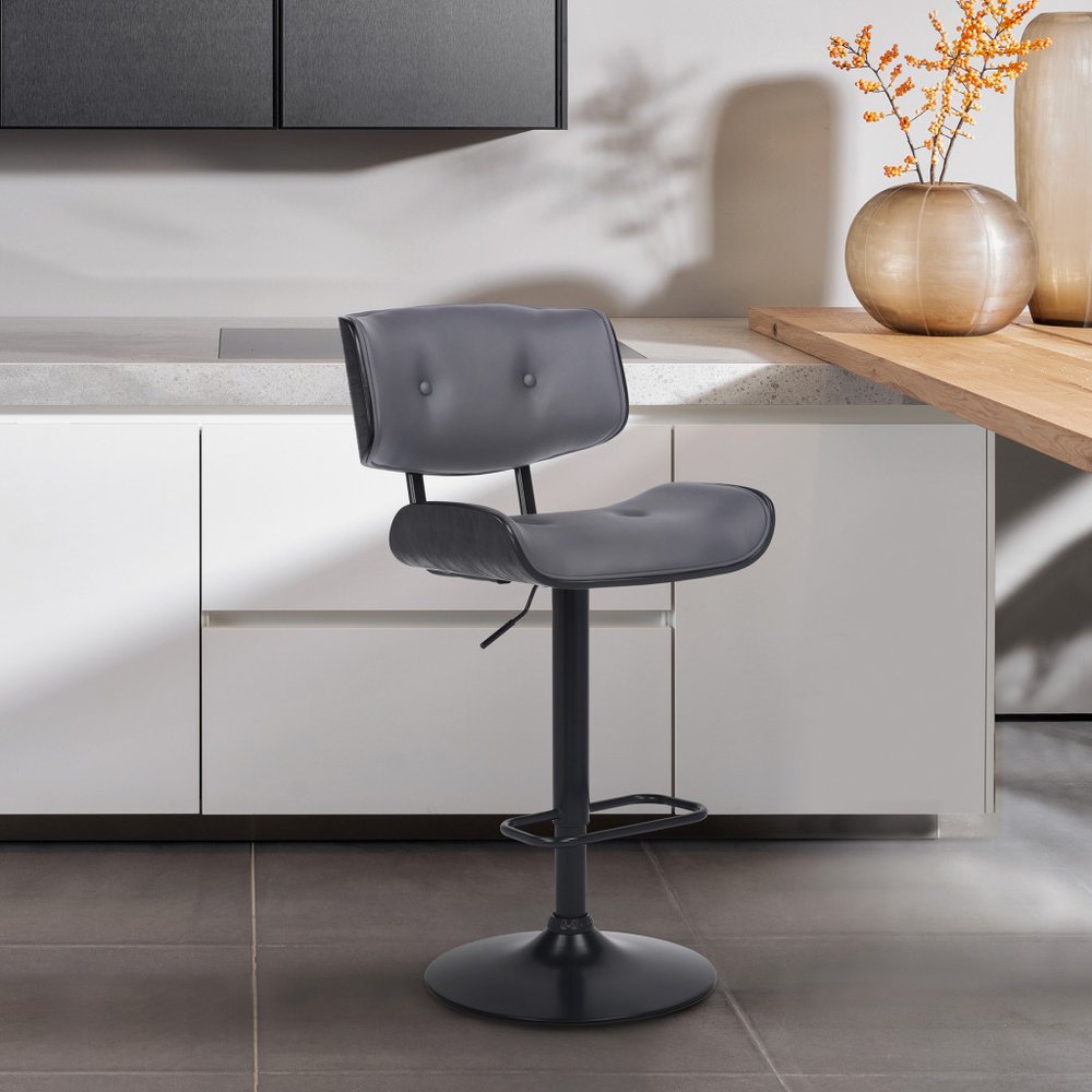 Gray and Black Iron and Faux Leather Adjustable Height Swivel Bar Chair HomeRoots