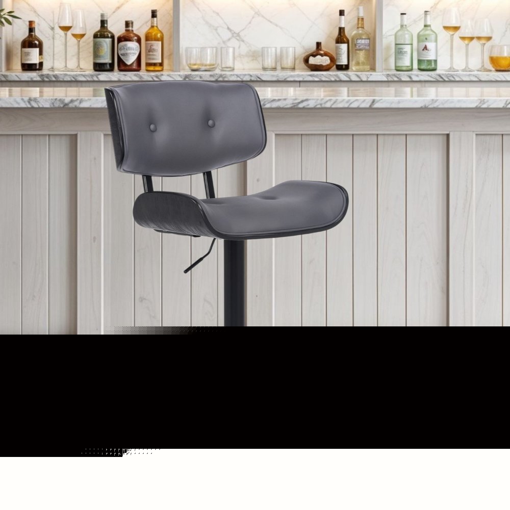 Gray and Black Iron and Faux Leather Adjustable Height Swivel Bar Chair HomeRoots
