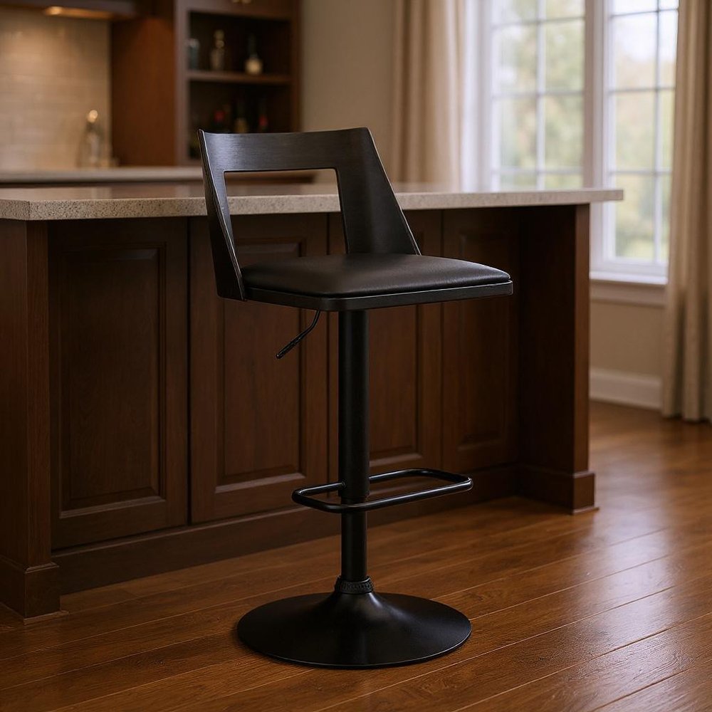 Black Faux Leather And Fabric And Iron Adjustable Height Swivel Bar Chair HomeRoots