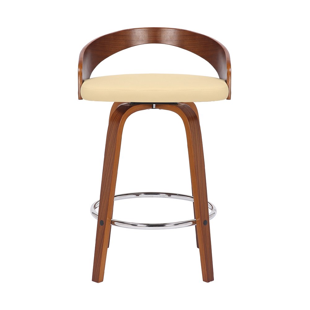 26" Cream And Brown Faux Leather And Fabric And Solid Wood Low Back Counter Height Swivel Bar Chair HomeRoots