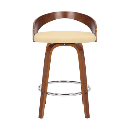 26" Cream And Brown Faux Leather And Fabric And Solid Wood Low Back Counter Height Swivel Bar Chair HomeRoots