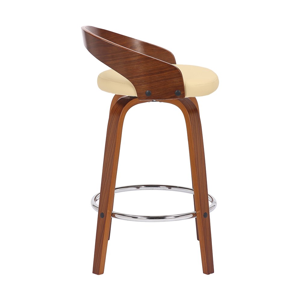 26" Cream And Brown Faux Leather And Fabric And Solid Wood Low Back Counter Height Swivel Bar Chair HomeRoots
