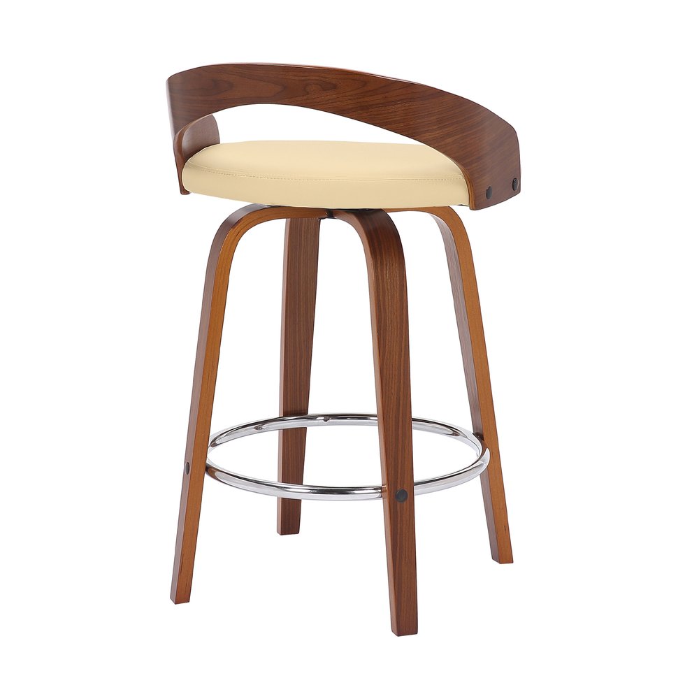 26" Cream And Brown Faux Leather And Fabric And Solid Wood Low Back Counter Height Swivel Bar Chair HomeRoots