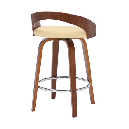 26" Cream And Brown Faux Leather And Fabric And Solid Wood Low Back Counter Height Swivel Bar Chair HomeRoots
