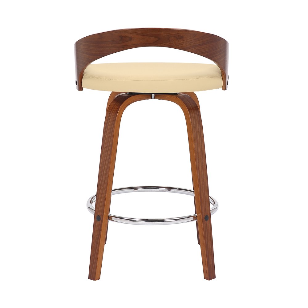 26" Cream And Brown Faux Leather And Fabric And Solid Wood Low Back Counter Height Swivel Bar Chair HomeRoots
