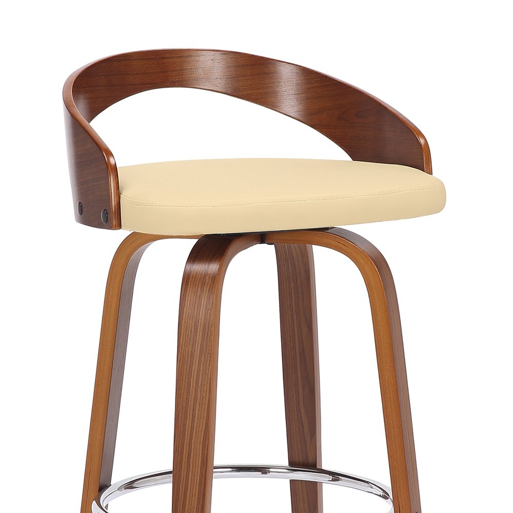 26" Cream And Brown Faux Leather And Fabric And Solid Wood Low Back Counter Height Swivel Bar Chair HomeRoots