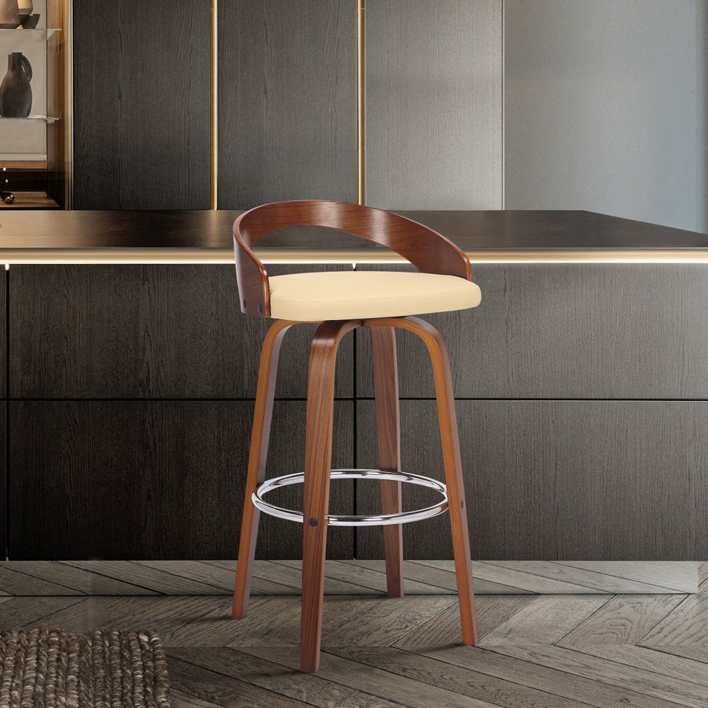 26" Cream And Brown Faux Leather And Fabric And Solid Wood Low Back Counter Height Swivel Bar Chair HomeRoots