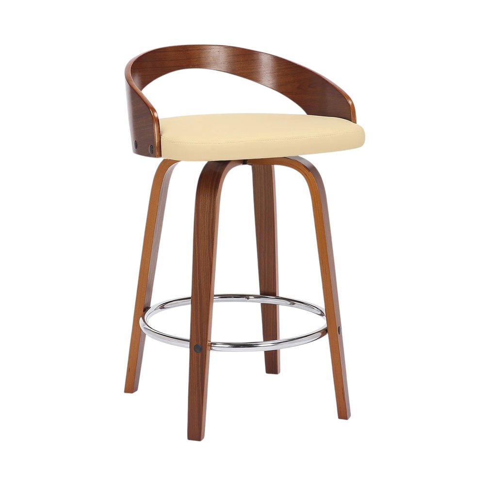 26" Cream And Brown Faux Leather And Fabric And Solid Wood Low Back Counter Height Swivel Bar Chair HomeRoots