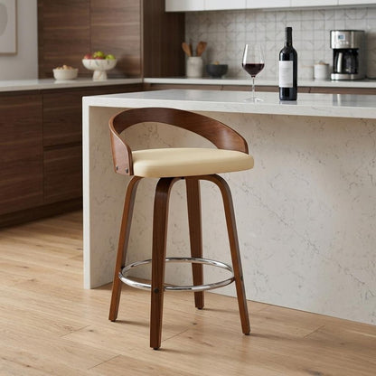 26" Cream And Brown Faux Leather And Fabric And Solid Wood Low Back Counter Height Swivel Bar Chair HomeRoots