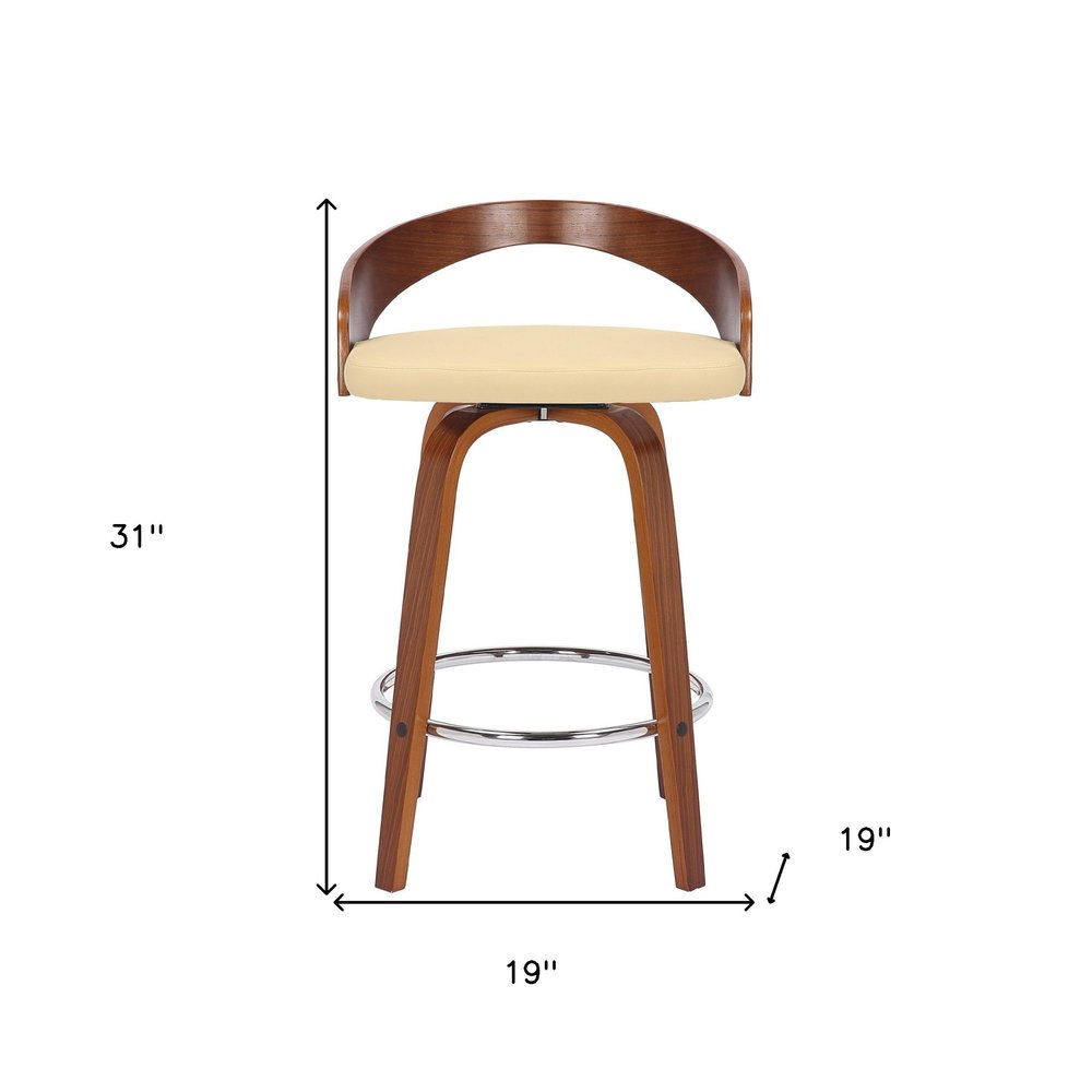 26" Cream And Brown Faux Leather And Fabric And Solid Wood Low Back Counter Height Swivel Bar Chair HomeRoots