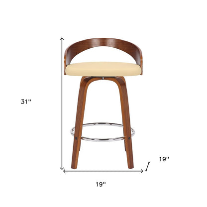 26" Cream And Brown Faux Leather And Fabric And Solid Wood Low Back Counter Height Swivel Bar Chair HomeRoots