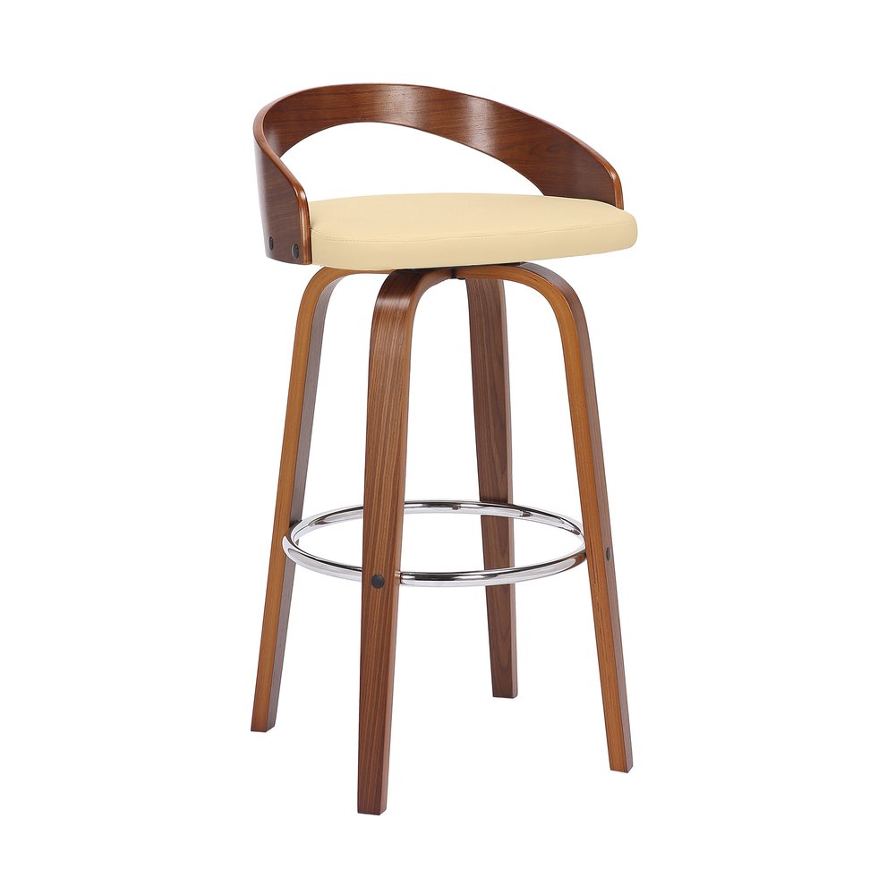 30" Cream And Brown Faux Leather And Fabric And Solid Wood Low Back Bar Height Swivel Bar Chair HomeRoots