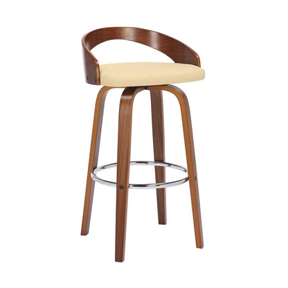 30" Cream And Brown Faux Leather And Fabric And Solid Wood Low Back Bar Height Swivel Bar Chair HomeRoots