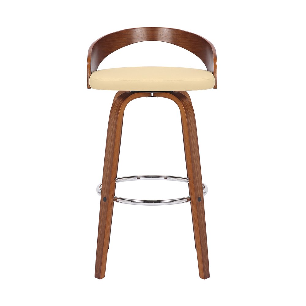 30" Cream And Brown Faux Leather And Fabric And Solid Wood Low Back Bar Height Swivel Bar Chair HomeRoots