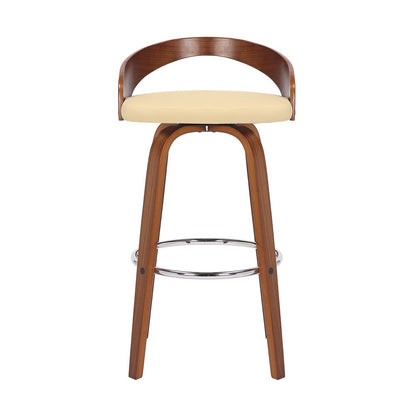 30" Cream And Brown Faux Leather And Fabric And Solid Wood Low Back Bar Height Swivel Bar Chair HomeRoots