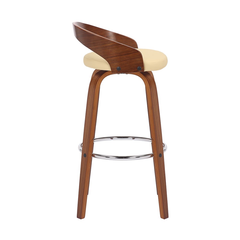 30" Cream And Brown Faux Leather And Fabric And Solid Wood Low Back Bar Height Swivel Bar Chair HomeRoots