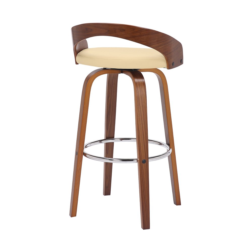 30" Cream And Brown Faux Leather And Fabric And Solid Wood Low Back Bar Height Swivel Bar Chair HomeRoots