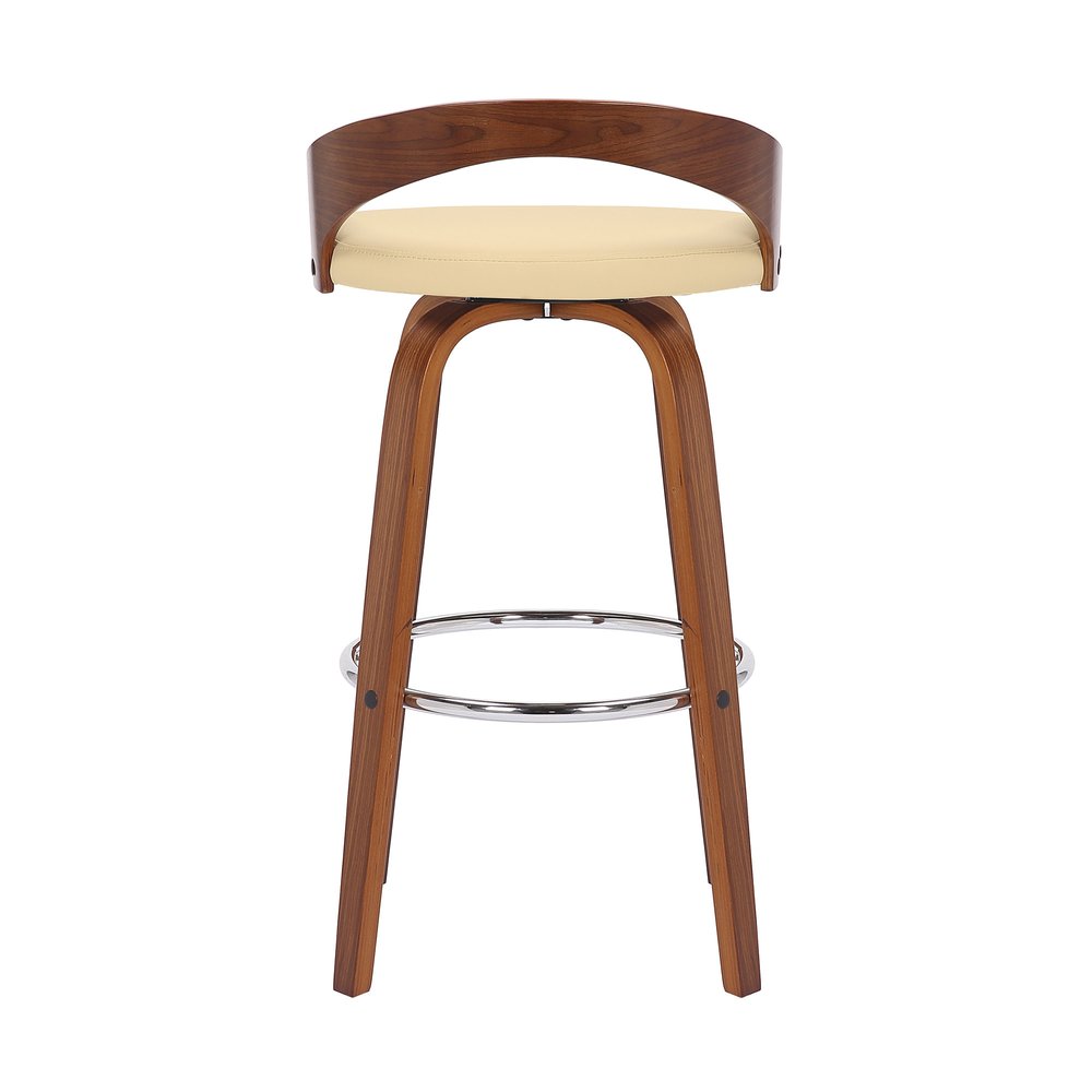 30" Cream And Brown Faux Leather And Fabric And Solid Wood Low Back Bar Height Swivel Bar Chair HomeRoots