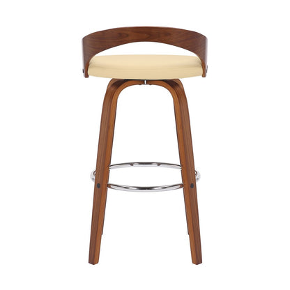 30" Cream And Brown Faux Leather And Fabric And Solid Wood Low Back Bar Height Swivel Bar Chair HomeRoots