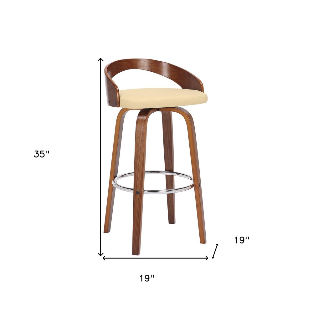 30" Cream And Brown Faux Leather And Fabric And Solid Wood Low Back Bar Height Swivel Bar Chair HomeRoots