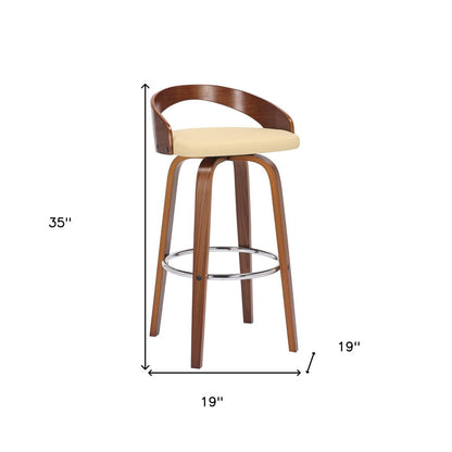 30" Cream And Brown Faux Leather And Fabric And Solid Wood Low Back Bar Height Swivel Bar Chair HomeRoots