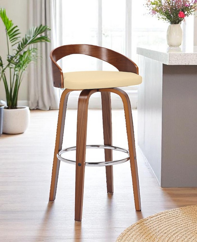 30" Cream And Brown Faux Leather And Fabric And Solid Wood Low Back Bar Height Swivel Bar Chair HomeRoots