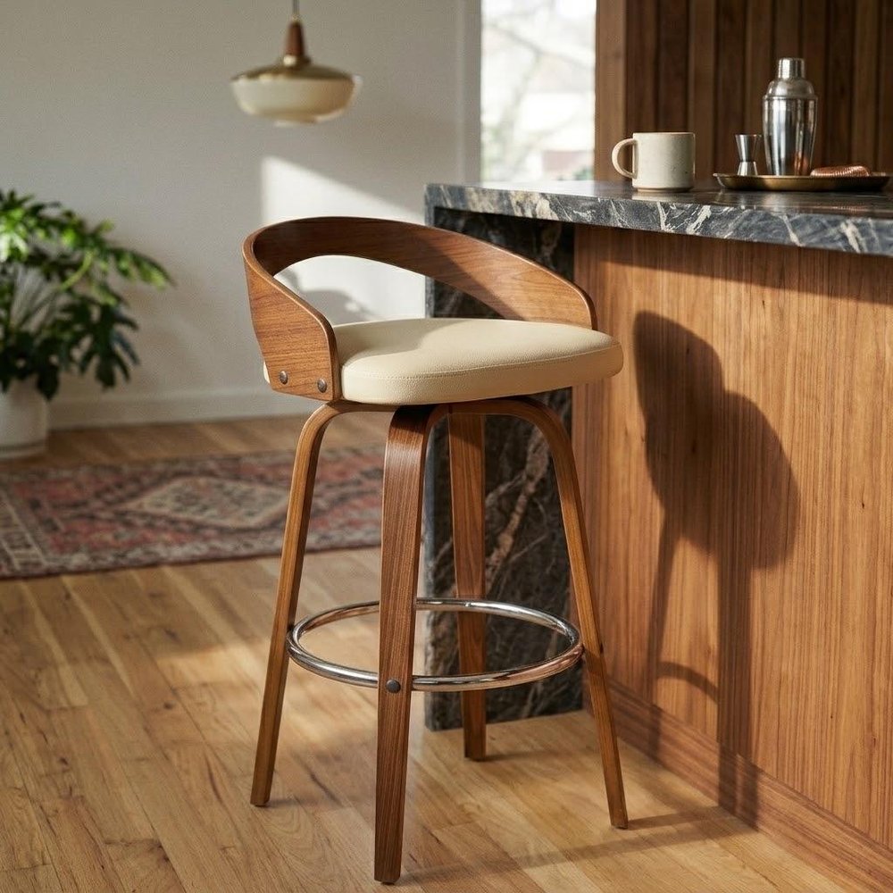 30" Cream And Brown Faux Leather And Fabric And Solid Wood Low Back Bar Height Swivel Bar Chair