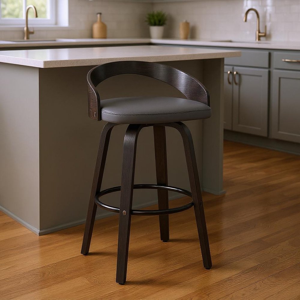 26" Gray And Black Faux Leather And Fabric And Iron Low Back Counter Height Swivel Bar Chair HomeRoots
