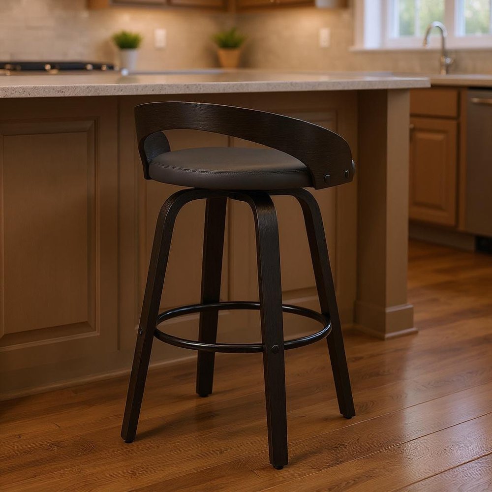 26" Gray And Black Faux Leather And Fabric And Iron Low Back Counter Height Swivel Bar Chair HomeRoots