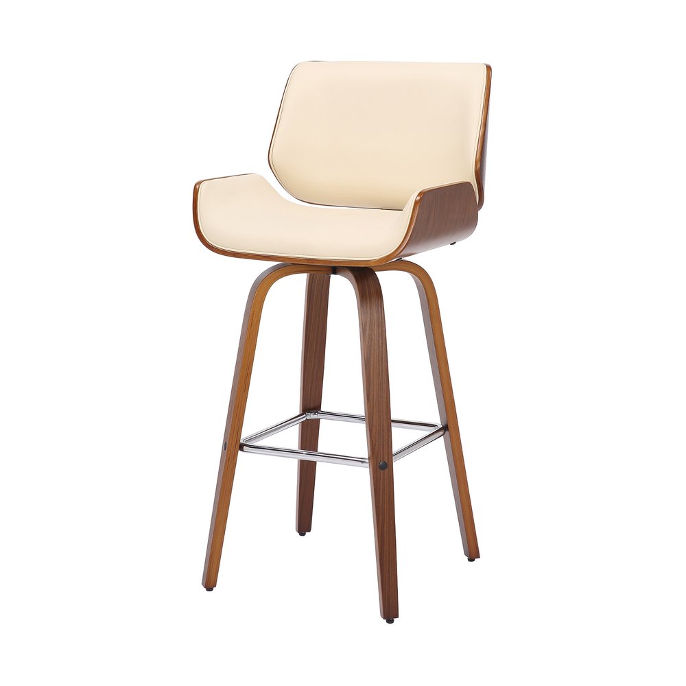 26" Cream And Brown Faux Leather And Fabric And Solid Wood Counter Height Swivel Bar Chair HomeRoots