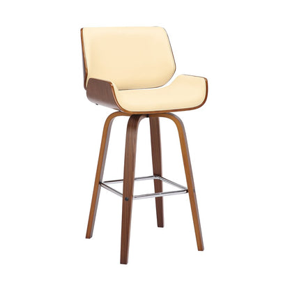 26" Cream And Brown Faux Leather And Fabric And Solid Wood Counter Height Swivel Bar Chair HomeRoots