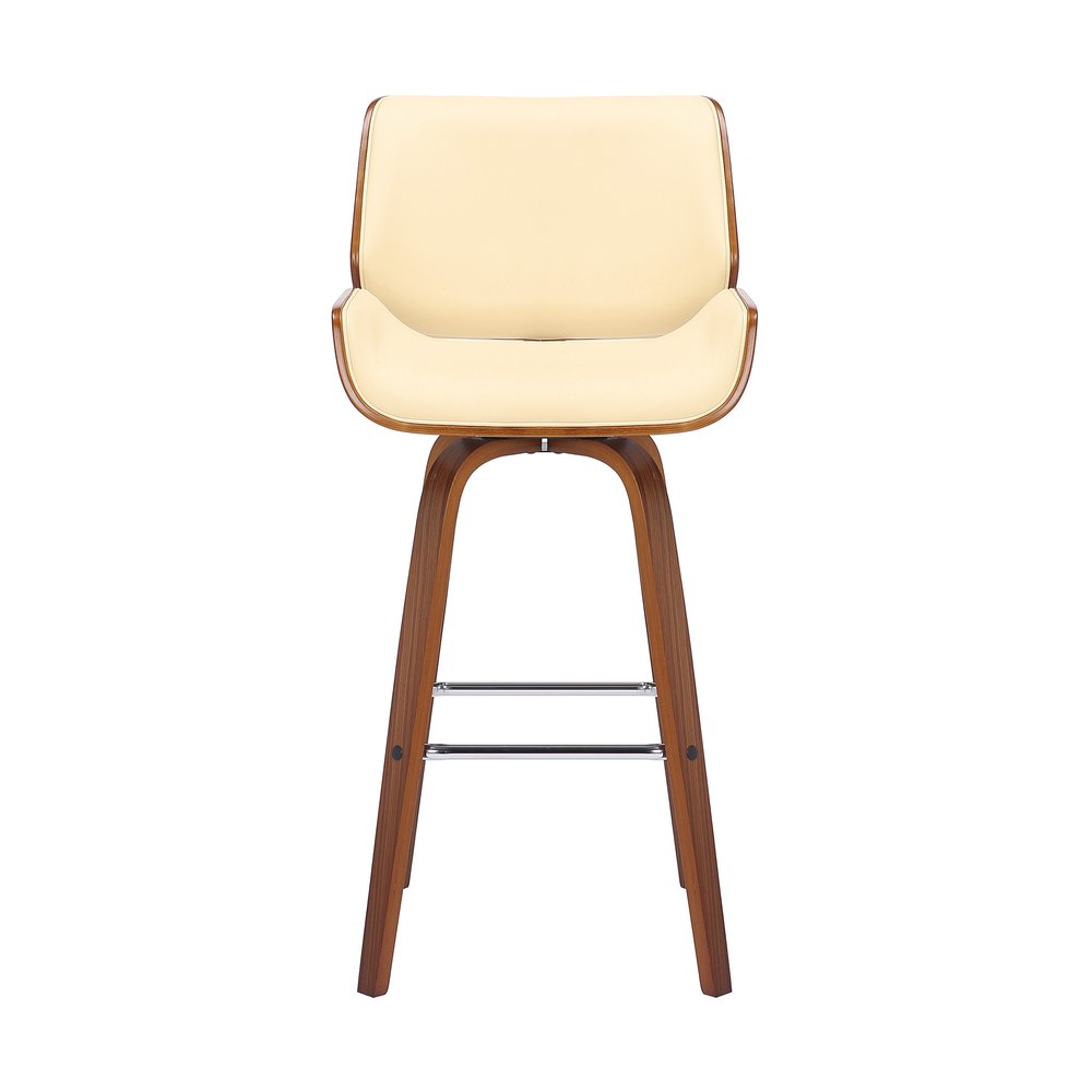 26" Cream And Brown Faux Leather And Fabric And Solid Wood Counter Height Swivel Bar Chair HomeRoots