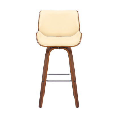 26" Cream And Brown Faux Leather And Fabric And Solid Wood Counter Height Swivel Bar Chair HomeRoots