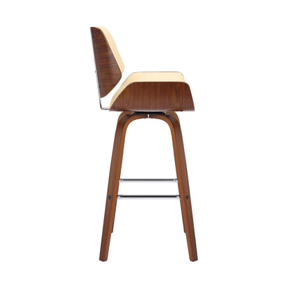 26" Cream And Brown Faux Leather And Fabric And Solid Wood Counter Height Swivel Bar Chair HomeRoots
