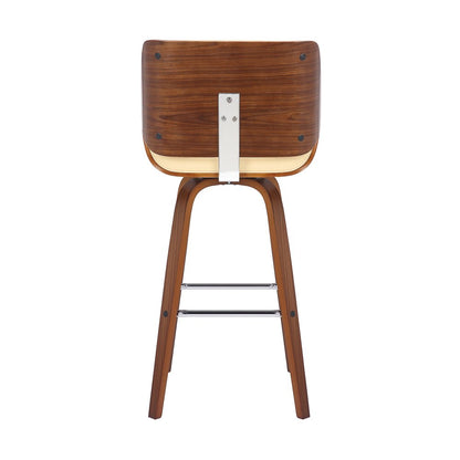 26" Cream And Brown Faux Leather And Fabric And Solid Wood Counter Height Swivel Bar Chair HomeRoots