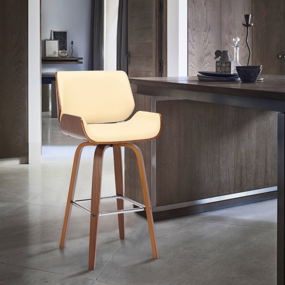 26" Cream And Brown Faux Leather And Fabric And Solid Wood Counter Height Swivel Bar Chair HomeRoots