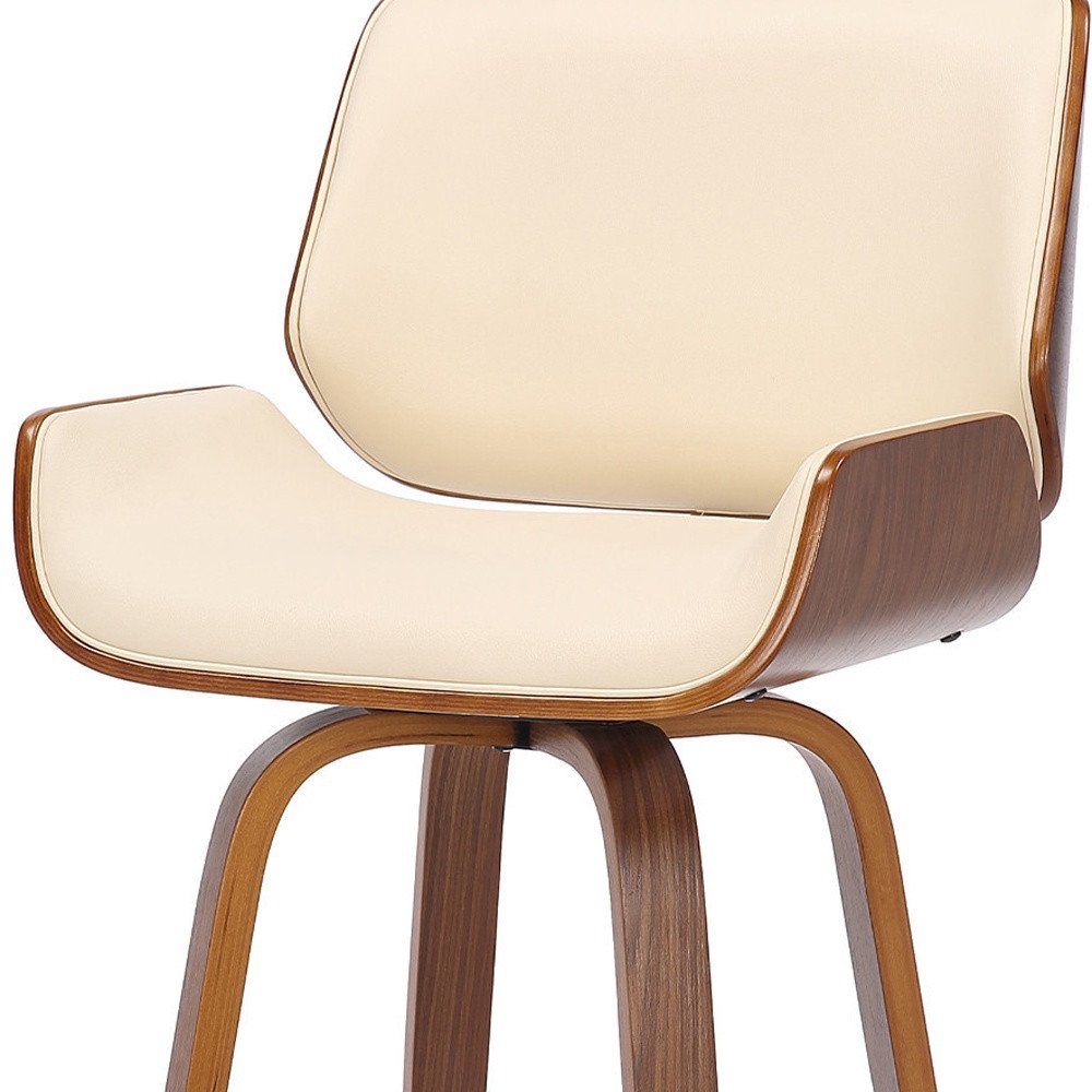 26" Cream And Brown Faux Leather And Fabric And Solid Wood Counter Height Swivel Bar Chair HomeRoots