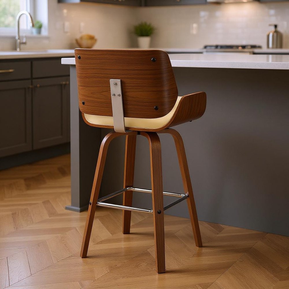 26" Cream And Brown Faux Leather And Fabric And Solid Wood Counter Height Swivel Bar Chair HomeRoots