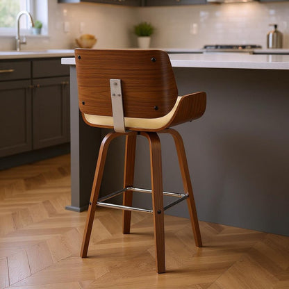 26" Cream And Brown Faux Leather And Fabric And Solid Wood Counter Height Swivel Bar Chair HomeRoots