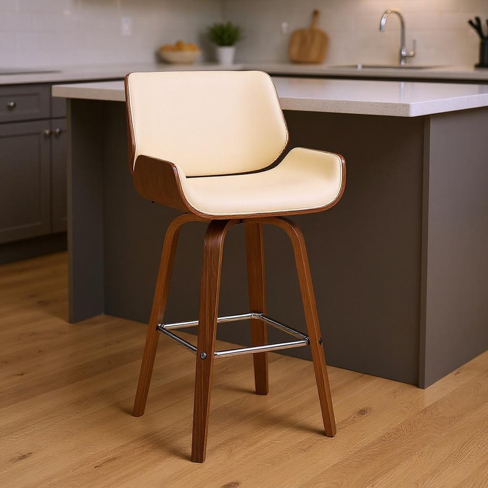 26" Cream And Brown Faux Leather And Fabric And Solid Wood Counter Height Swivel Bar Chair HomeRoots