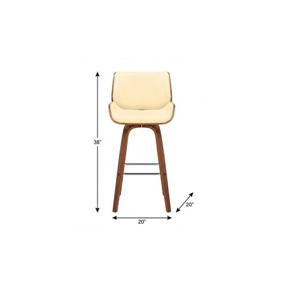 26" Cream And Brown Faux Leather And Fabric And Solid Wood Counter Height Swivel Bar Chair HomeRoots