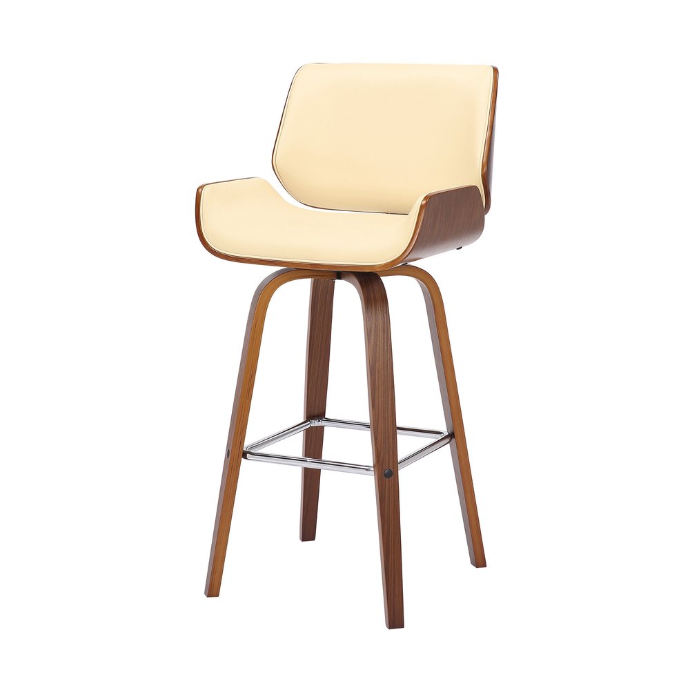 30" Cream And Brown Fabric And Solid Wood Bar Height Swivel Bar Chair HomeRoots