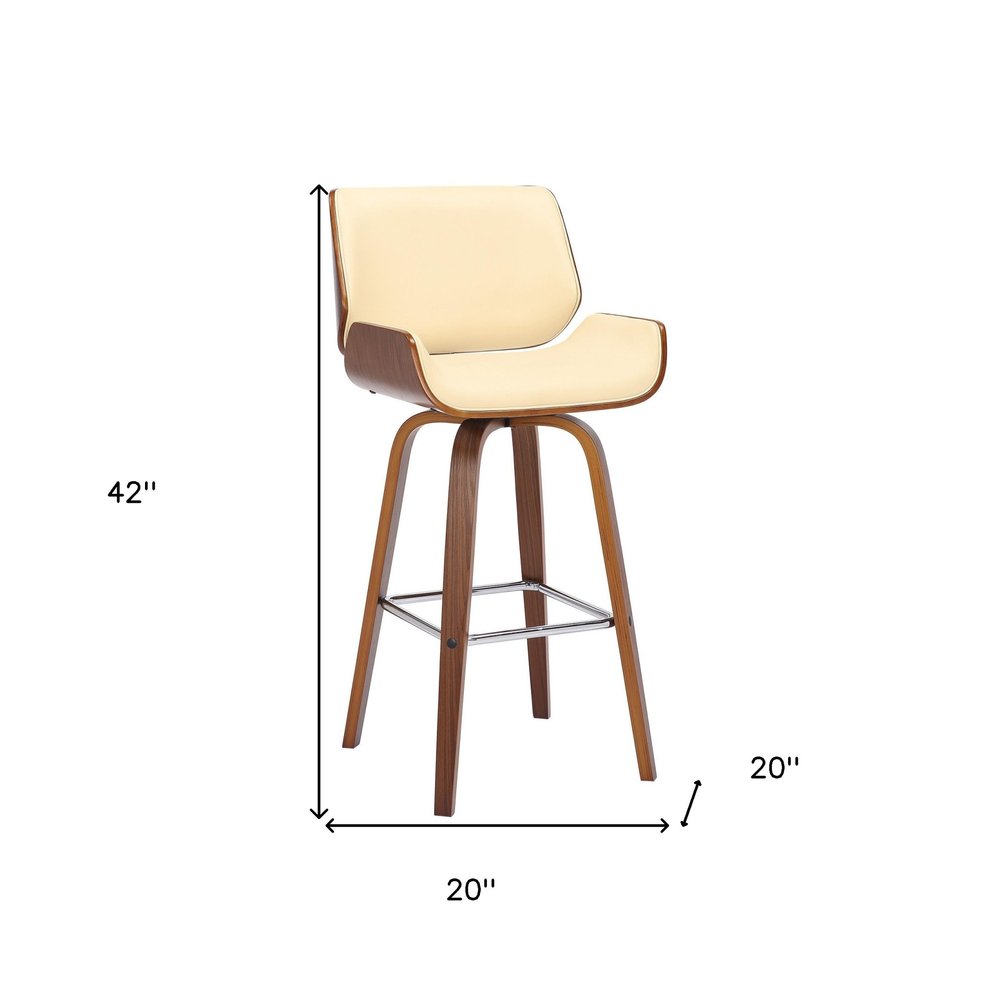 30" Cream And Brown Fabric And Solid Wood Bar Height Swivel Bar Chair HomeRoots