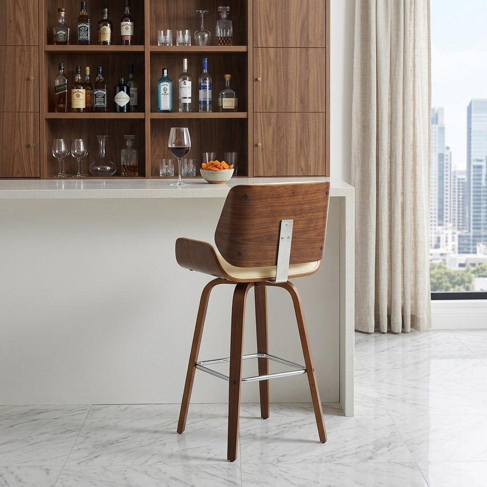 30" Cream And Brown Fabric And Solid Wood Bar Height Swivel Bar Chair HomeRoots