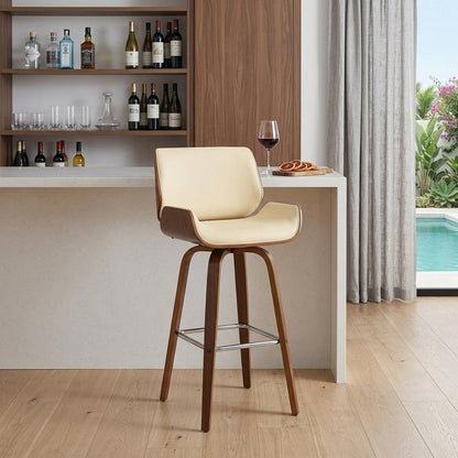 30" Cream And Brown Fabric And Solid Wood Bar Height Swivel Bar Chair HomeRoots