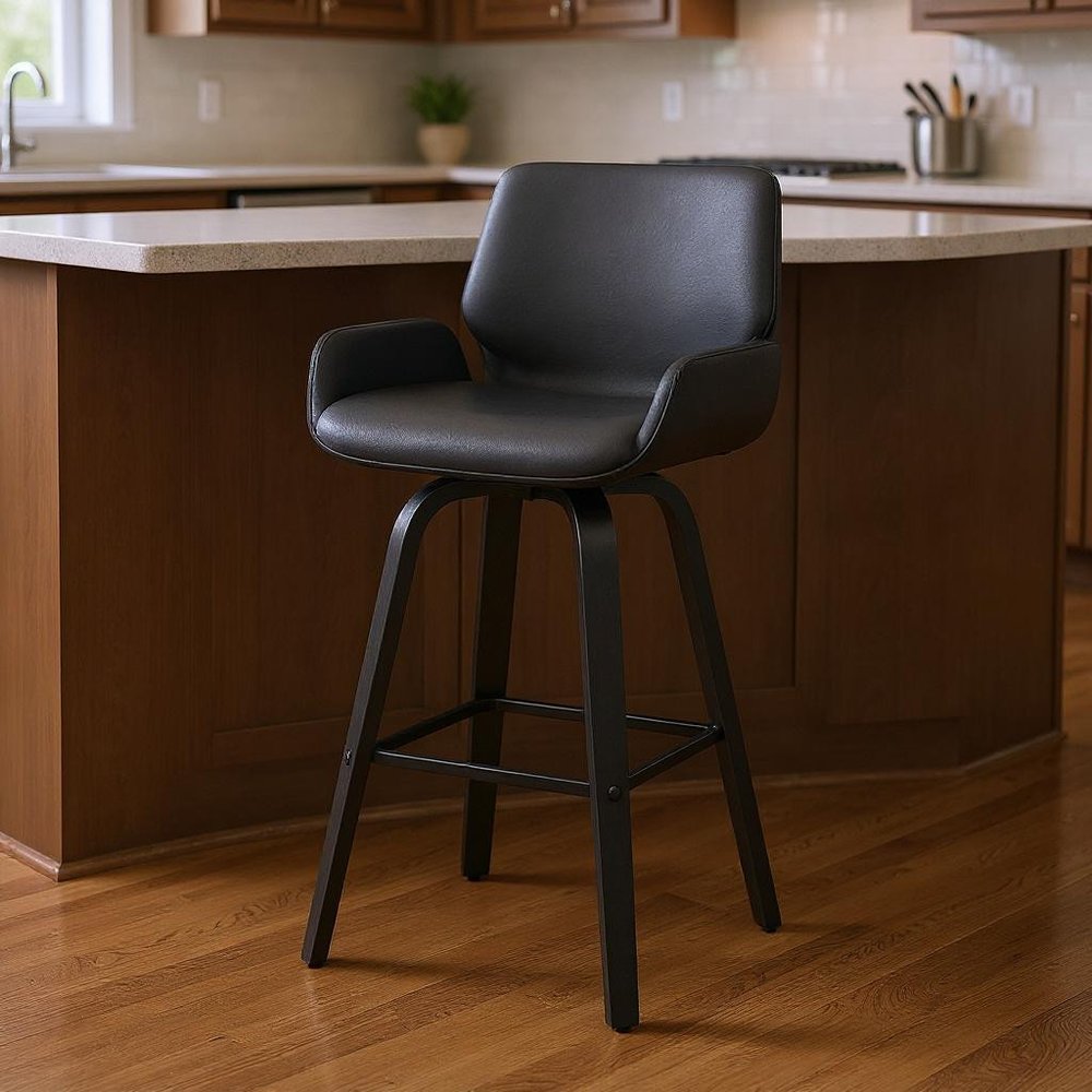 26" Gray And Black Faux Leather And Fabric And Iron Counter Height Swivel Bar Chair HomeRoots