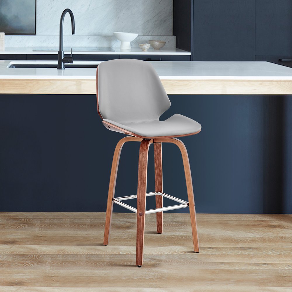 26" Gray And Brown Fabric And Wood Counter Height Swivel Bar Chair HomeRoots