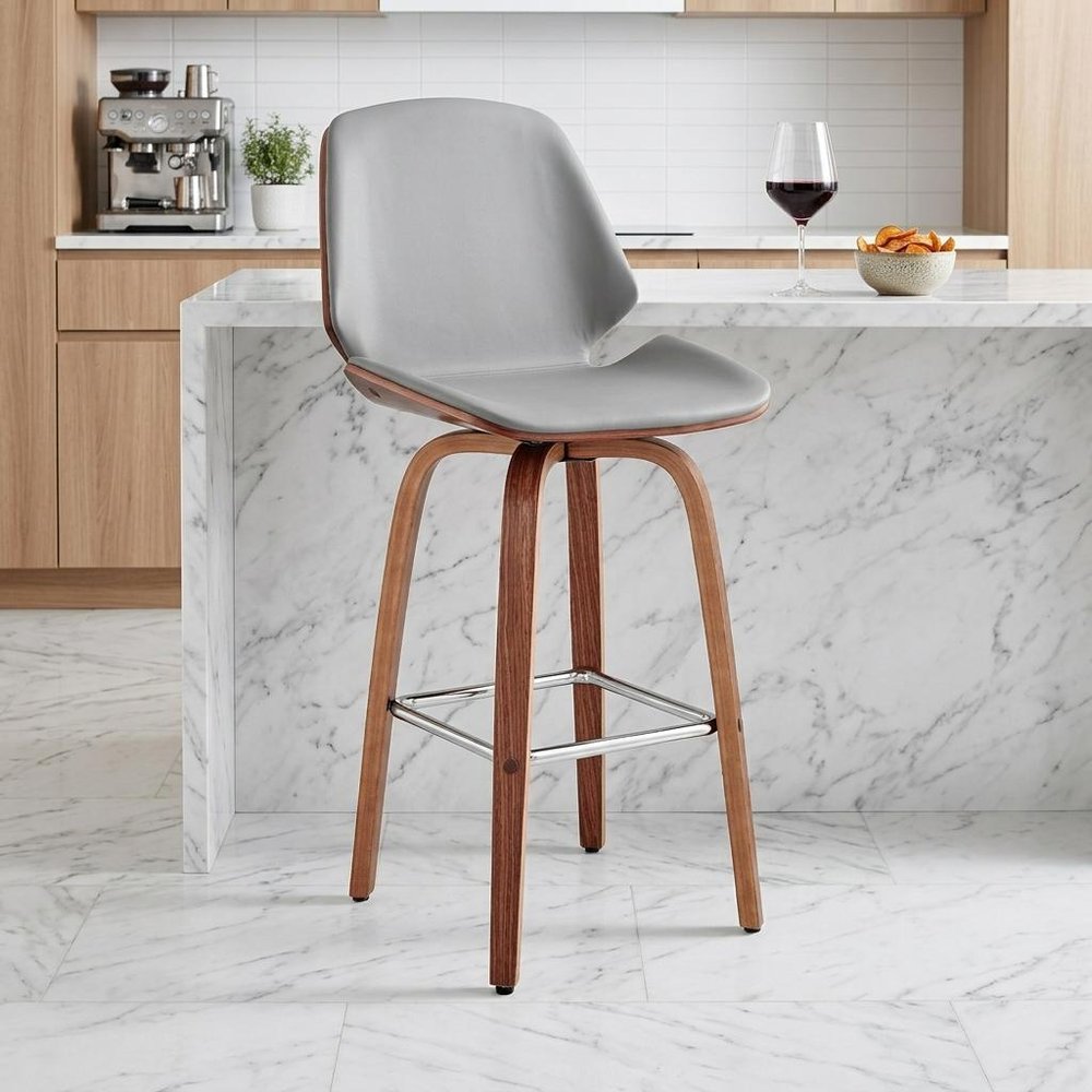26" Gray And Brown Fabric And Wood Counter Height Swivel Bar Chair HomeRoots